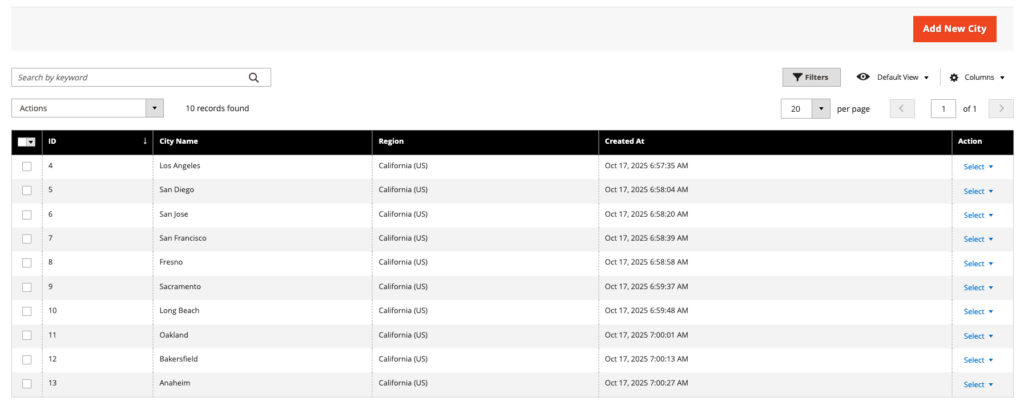 Magento 2 Add Cities from admin panel grid.