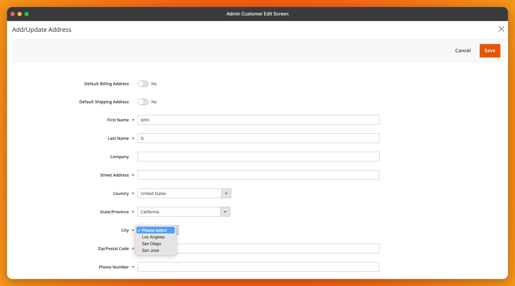 City Dropdown in Admin Customer Creation Address Form