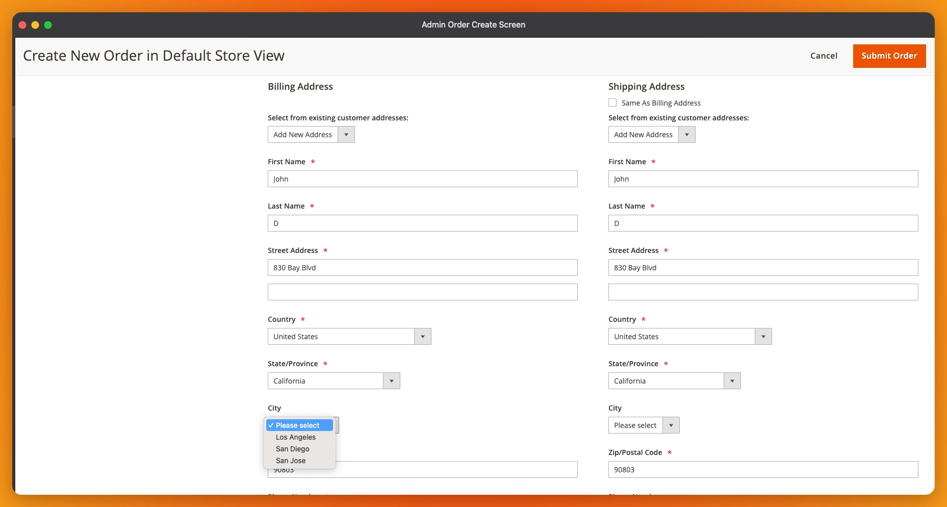City Dropdown in Admin Order Creation Address Form