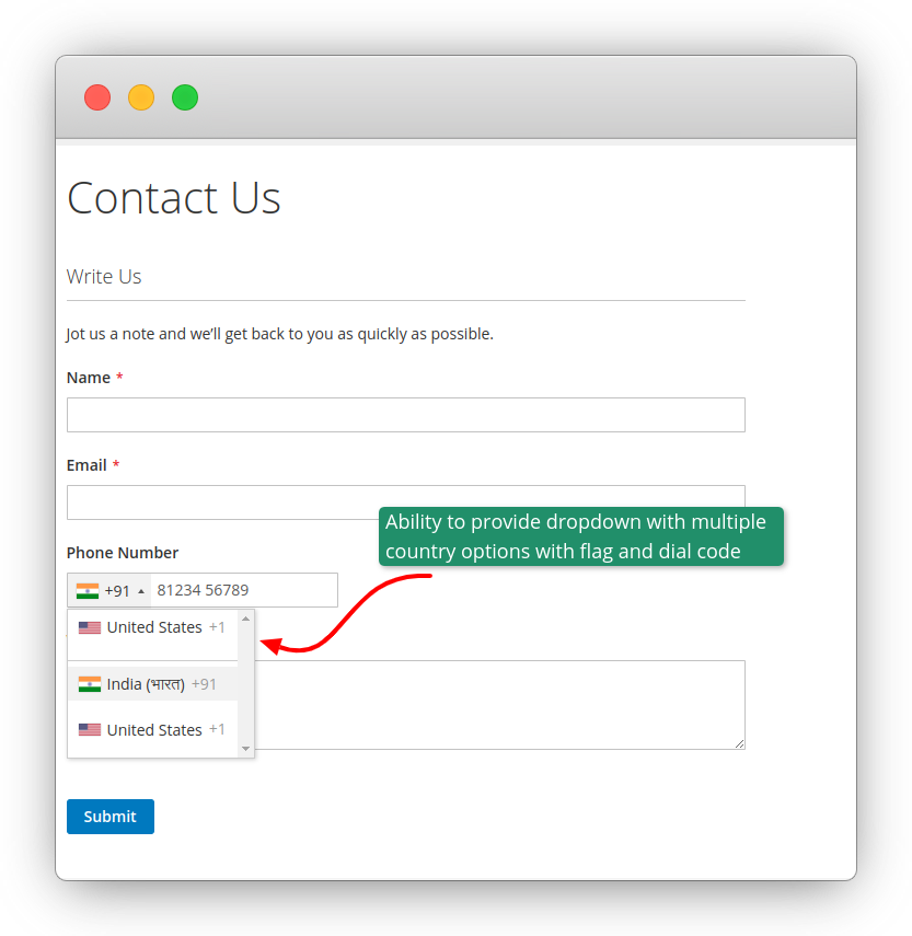 International dial codes dropdown in Contact Us Form
