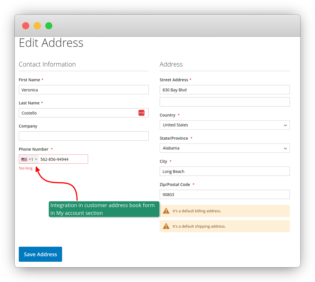 International dial codes dropdown in Account Address Form