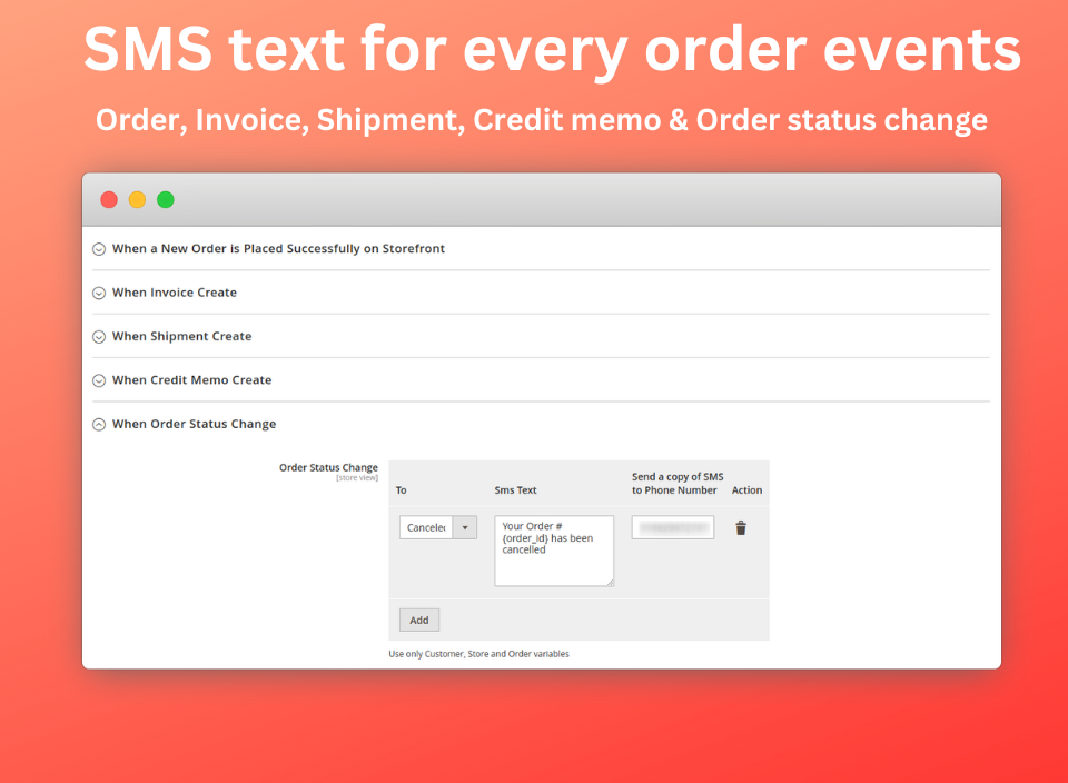SMS text for every order status events